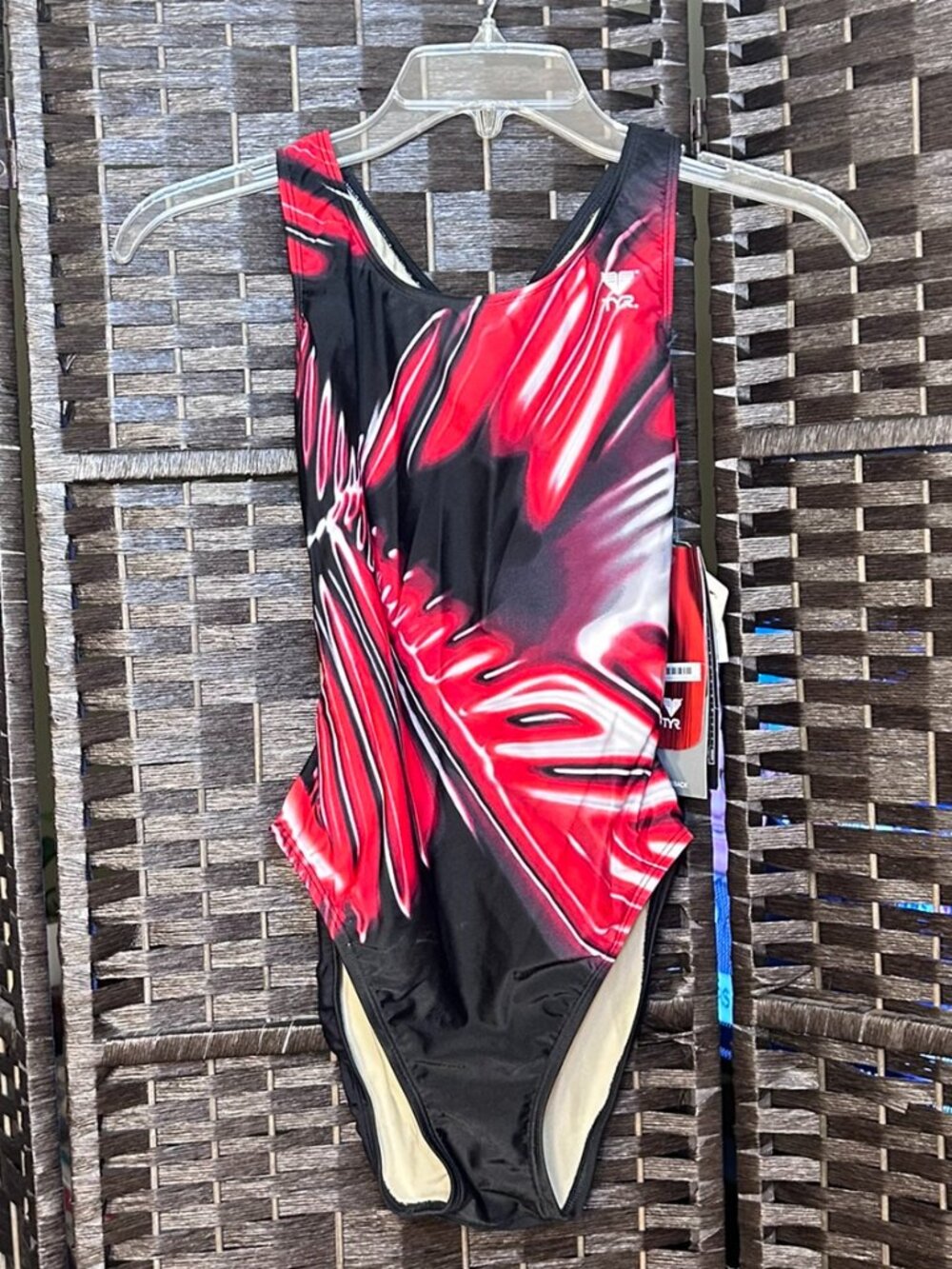 Share TYR Women's Swimsuit Size 36 One Piece Black Red White Abstract Print NWT